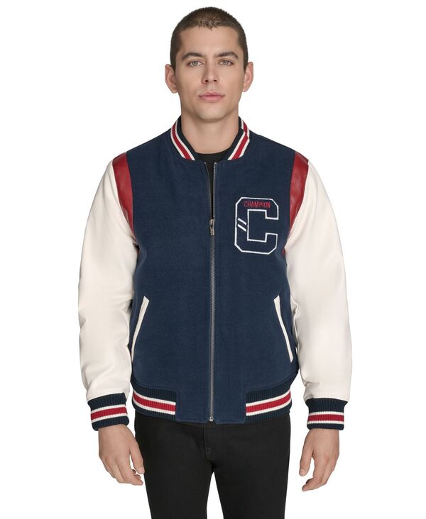 チャンピオン メンズ アウター ジャケット・ブルゾン ジャケット Champion Men's Mixed-Media Varsity Bomber Jacket Navy/White Como ホワイト