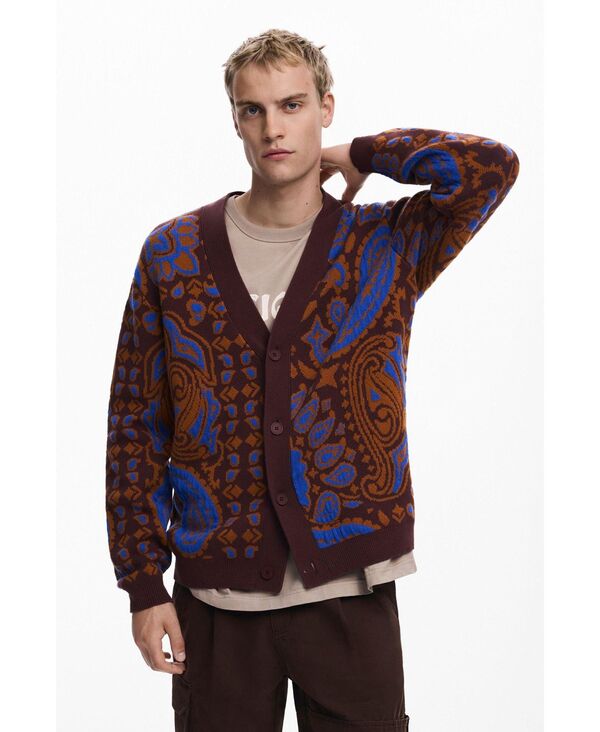 デジグアル メンズ アウター 編み物・プルオーバー ジレー Desigual Men\u0027s Paisley cardigan sweater Dark brown 赤銅色