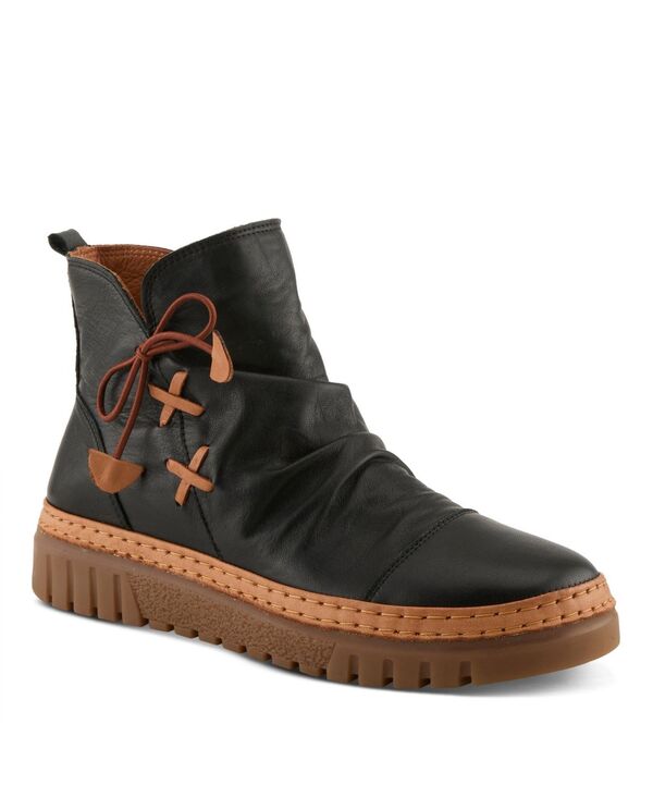 スプリングステップ レディース シューズ ブーツ・レインブーツ ギャザー アンクル ブーツ レース レザー Spring Step AZURA Vandis Ruched Leather Ankle Bootie with Side Lace Detail and Arch Support Insole Black ブラック|ReVida 店