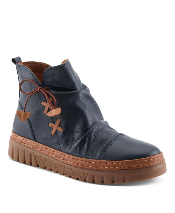 スプリングステップ レディース シューズ ブーツ・レインブーツ ギャザー アンクル ブーツ レース レザー Spring Step AZURA Vandis Ruched Leather Ankle Bootie with Side Lace Detail and Arch Support Insole Navy ネイビー｜ReVida 店
