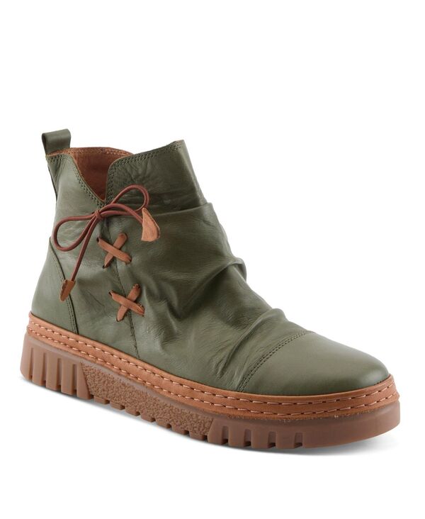 スプリングステップ レディース シューズ ブーツ・レインブーツ ギャザー アンクル ブーツ レース レザー Spring Step AZURA Vandis Ruched Leather Ankle Bootie with Side Lace Detail and Arch Support Insole Olive green グリーン|ReVida 店