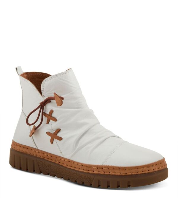 スプリングステップ レディース シューズ ブーツ・レインブーツ ギャザー アンクル ブーツ レース レザー Spring Step AZURA Vandis Ruched Leather Ankle Bootie with Side Lace Detail and Arch Support Insole White ホワイト｜ReVida 店