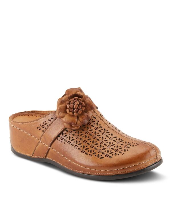 スプリングステップ レディース シューズ サンダル オープンバック フラワー柄 レザー フラワー Spring Step LILYBEAN Leather Perforated Clogs with Floral Applique and Open Back Camel キャメル