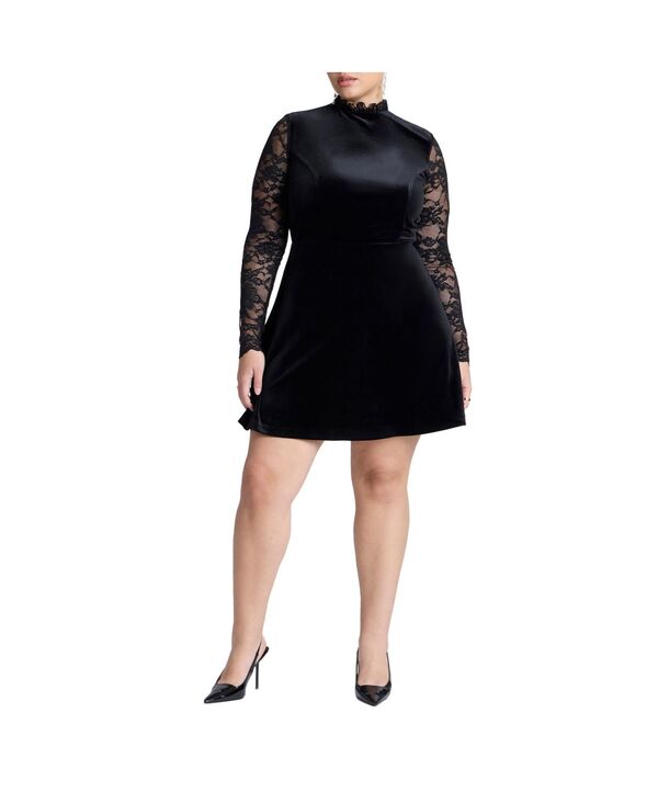 エロクイ レディース トップス ワンピース ミニワンピース ミニ ベルベット レース ELOQUII Women's Velvet Mini Dress With Lace Black onyx ブラック