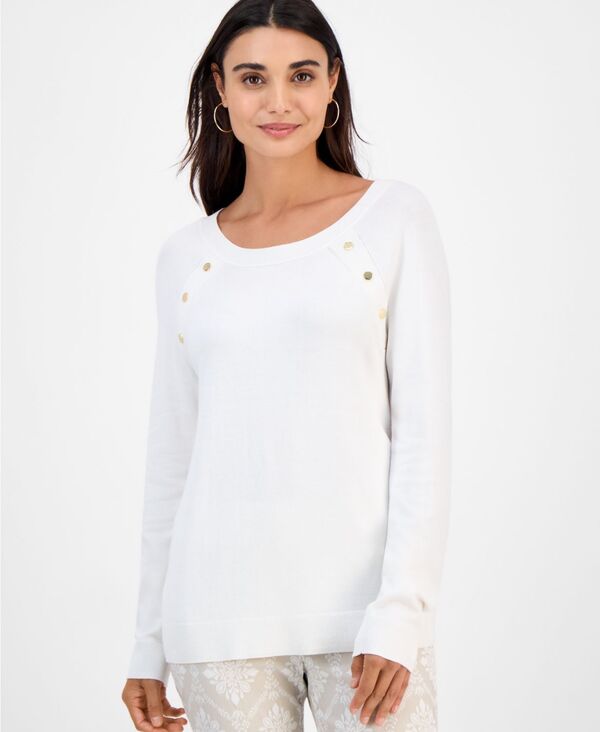 ジェイエムコレクション レディース アウター ニット・セーター プチ セーター JM Collection Petite Button-Detail Sweater Whisper White ホワイト