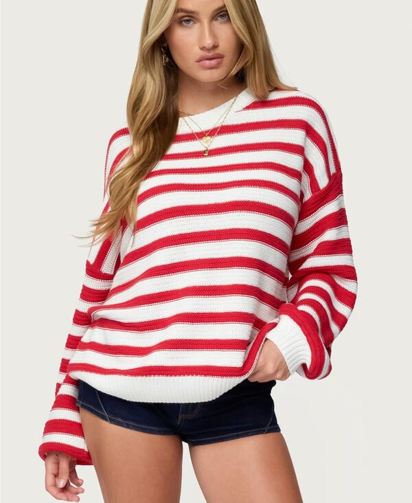 アディクテッド レディース アウター ニット・セーター Edikted Womens Aerin Oversized Sweater Red-and-cream クリーム