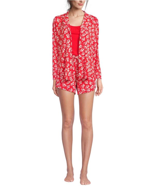 ランズエンド レディース アンダーウェア ナイトウェア ショートパンツ Lands' End Women's Cooling 3 Piece Pajama Set - Long Sleeve Top Cami and Shorts Compass red pin dot レッド|ReVida 店