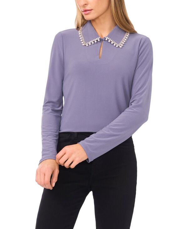 セセ レディース トップス シャツ CeCe Women's Rhinestone Embellished Long Sleeve Collared Top Mood Blue ブルー