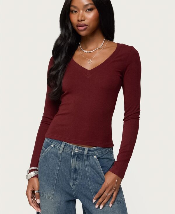 アディクテッド レディース トップス シャツ Vネック リブ Edikted Women's Larna V Neck Ribbed T Shirt Burgundy バーガンディ｜ReVida 店 9,605円