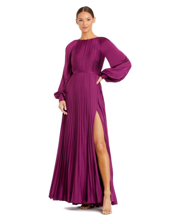 マックダガル レディース トップス ワンピース ハイネック プリーツ Mac Duggal Women's Ieena Long Sleeve Pleated High Neck Gown Berry