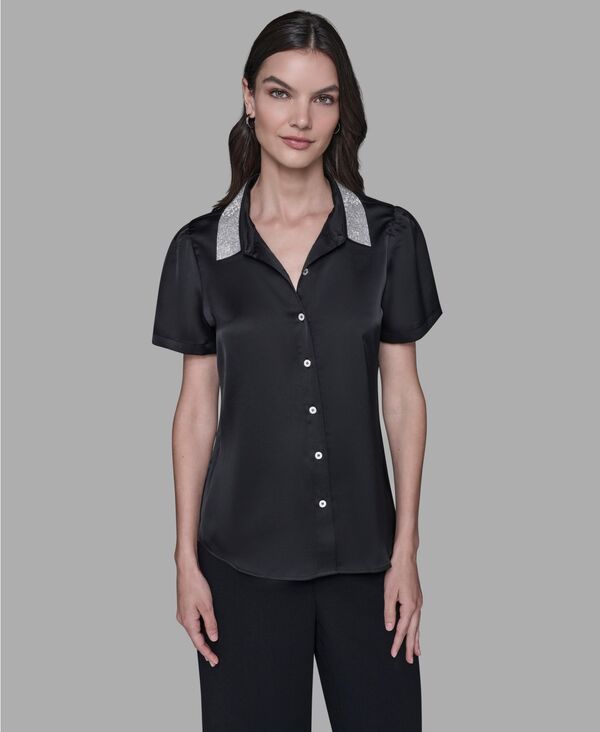 カール ラガーフェルド レディース トップス シャツ KARL LAGERFELD PARIS Women's Collar Embellished Short Sleeve Top Black ブラック