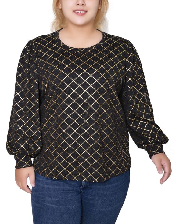 ニューヨークコレクション レディース トップス シャツ プラスサイズ NY Collection Plus Size Bishop Sleeve Pullover Top Black Gold ブラック
