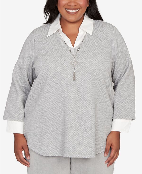 アルフレッド ダナー レディース トップス シャツ プラスサイズ レース Alfred Dunner Plus Size Stockbridge Diamond Jacquard Two In One Top With Necklace Pewter ピューター