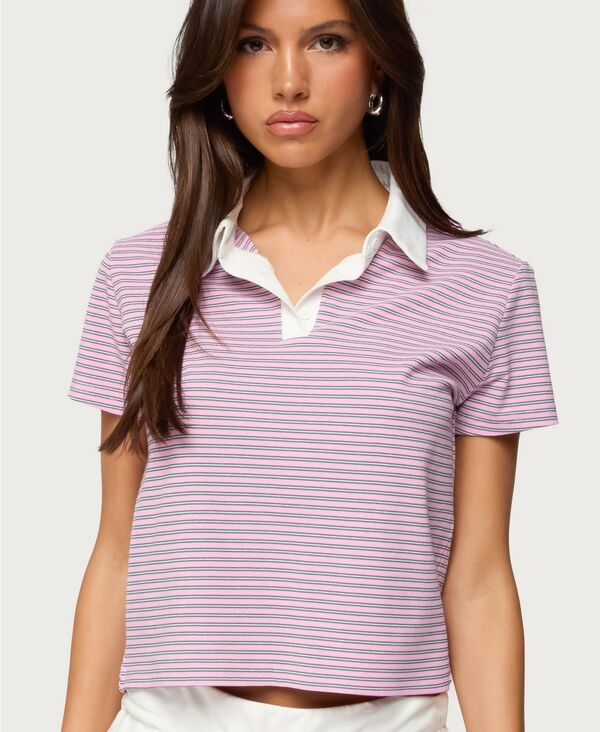 アディクテッド レディース トップス シャツ ポロシャツ Edikted Women's Lennie Striped Polo Top Pink ピンク|ReVida 店