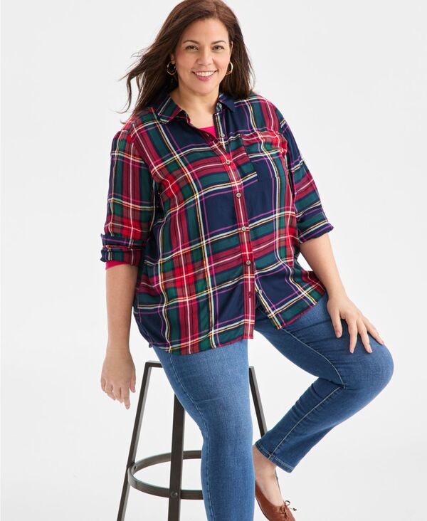 スタイルアンドコー レディース トップス シャツ プラスサイズ Style & Co Plus Size Plaid Perfect Shirt Festive Industrial Blue ブルー
