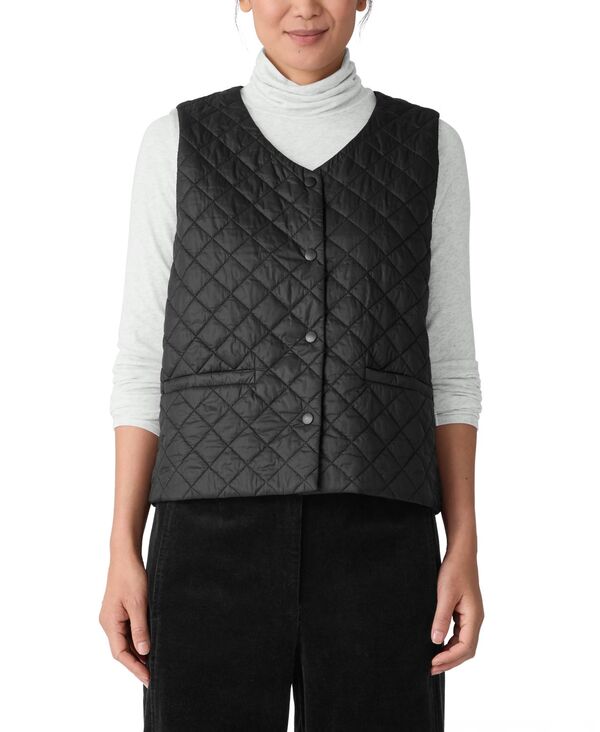 エイリーンフィッシャー レディース アウター ジャケット・ブルゾン Vネック キルティング ベスト ノースリーブ Eileen Fisher Women's V-Neck Quilted Sleeveless Vest Black ブラック|ReVida 店