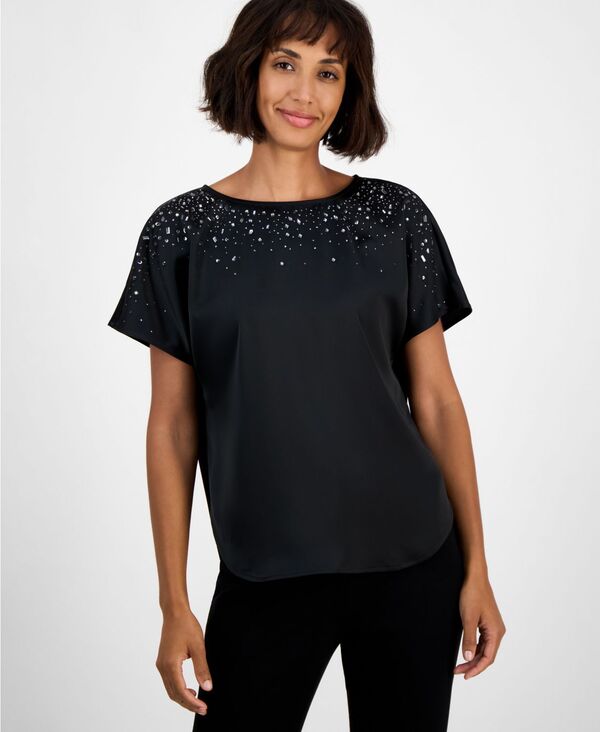 アンクライン レディース トップス シャツ 半袖 ブラウス Anne Klein Women's Short-Sleeve Beaded Blouse P/XXS-XXL Anne Black ブラック