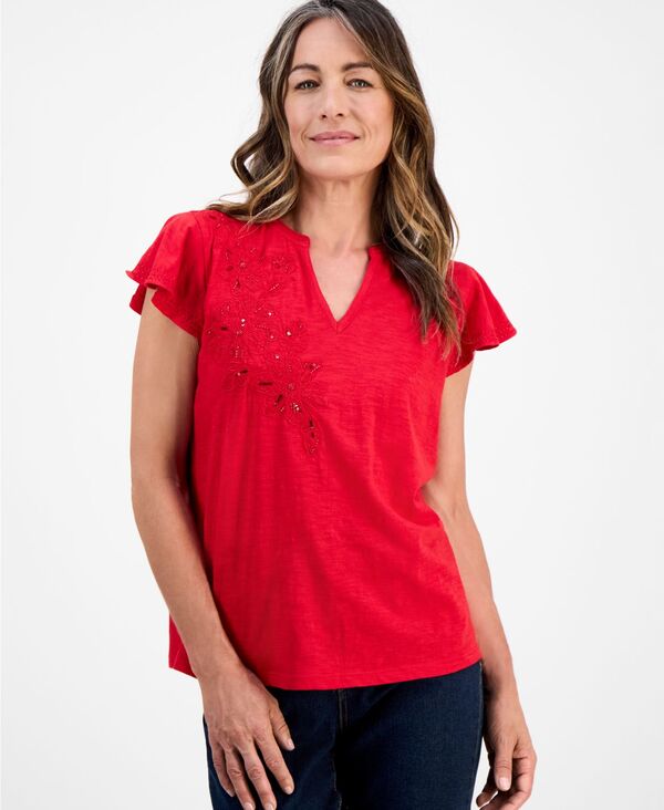 スタイルアンドコー レディース トップス シャツ プチ コットン 刺繍 ニット Style & Co Petite Cotton Embroidered Flutter-Sleeve Knit Top Tango Red レッド