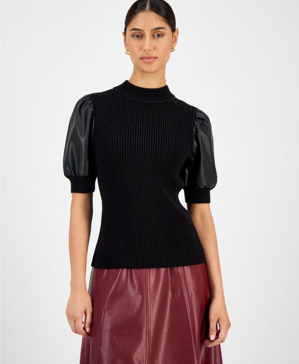 ティー・タハリ レディース トップス シャツ リブ レザー T Tahari Women's Ribbed Faux-Leather-Sleeve Top Black ブラック|ReVida 店