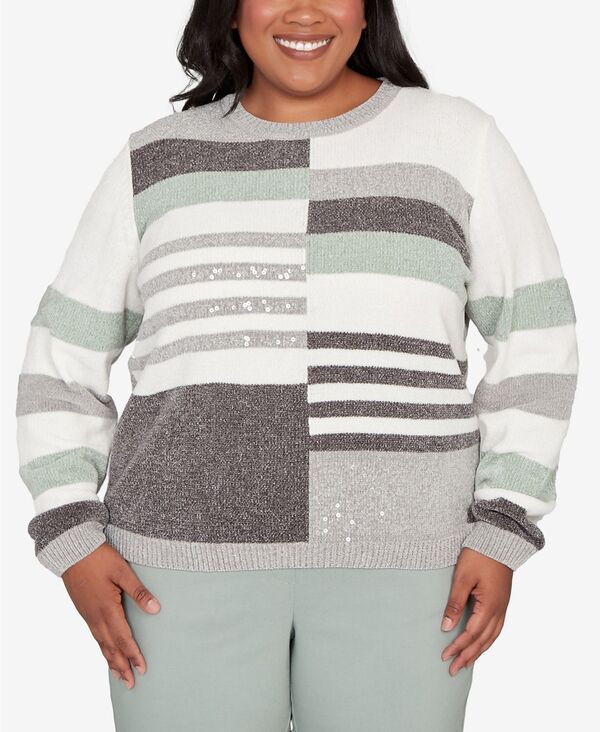 アルフレッド ダナー レディース アウター ニット・セーター プラスサイズ セーター スパンコール カラーブロック Alfred Dunner Plus Size Stockbridge Stripe Sequin Colorblock Chenille Sweater Pewter Multi ピューター