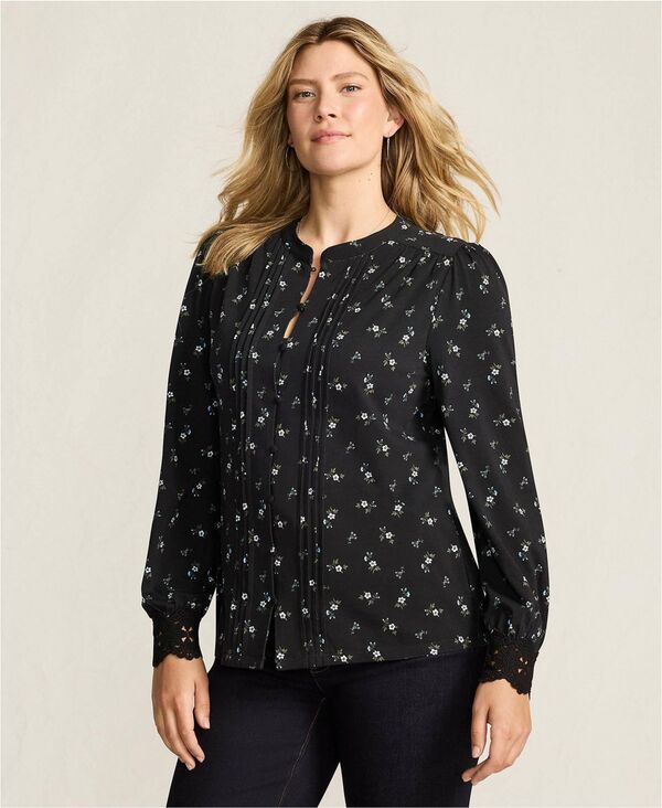 ランズエンド レディース トップス シャツ ジャージー Lands' End Women's Lightweight Jersey Long Sleeve Button Front Pintuck Top Black/cobalt tiny floral ブラック