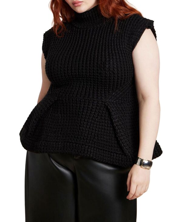 エロクイ レディース アウター ニット・セーター タートルネック ベスト セーター ELOQUII Women's Turtleneck Peplum Sweater Vest Black onyx ブラック