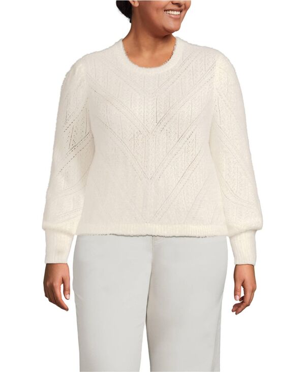 ランズエンド レディース アウター ニット・セーター プラスサイズ セーター Lands' End Plus Size Eyelash Fuzzy Pointelle Puff Sleeve Sweater Fresh ivory アイボリー