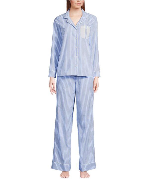 ランズエンド レディース アンダーウェア ナイトウェア パンツ コットン Lands' End Women's Cotton Poplin 2 Piece Pajama Set - Long Sleeve Top and Pants Crisp blue stripe ブルー