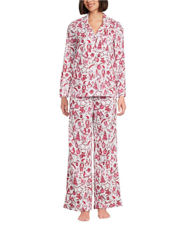 ランズエンド レディース アンダーウェア ナイトウェア パンツ コットン Lands' End Women's Cotton Poplin 2 Piece Pajama Set - Long Sleeve Top and Pants White/pink festive critters ホワイト｜ReVida 店 15,360円