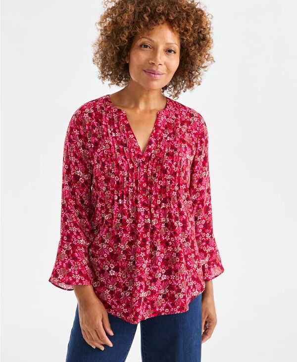 スタイルアンドコー レディース トップス シャツ プチ Style & Co Petite Romance Ditsy Pintucked Top Disty Dark Red レッド