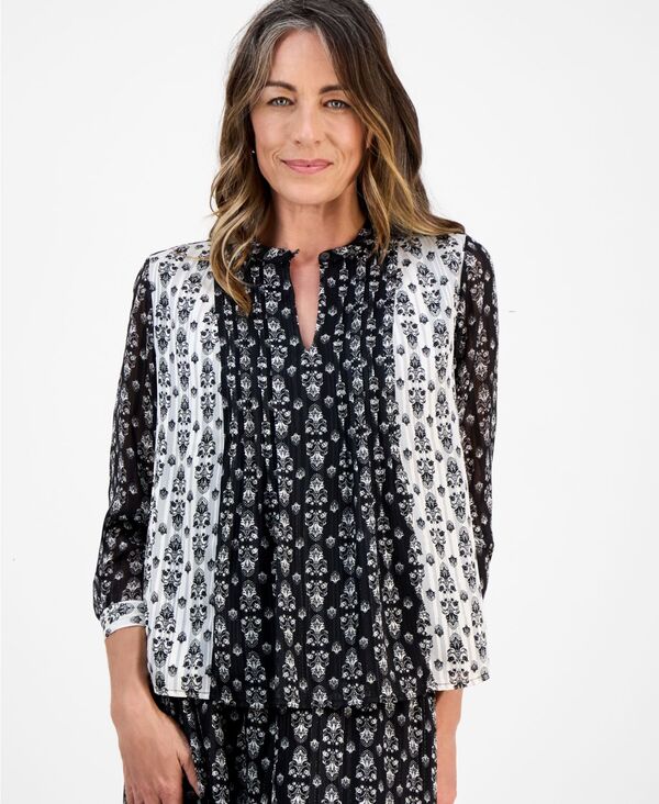 スタイルアンドコー レディース トップス シャツ プチ Style & Co Petite Damask Shine Pintucked Top Damask Deep Blk