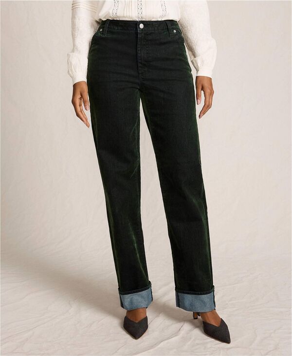 ランズエンド レディース ボトムス デニムパンツ ストレート デニム ジーンズ Lands' End Women's Flocked Denim Mid Rise Relaxed Straight Leg Cuff Jeans Balsam green グリーン