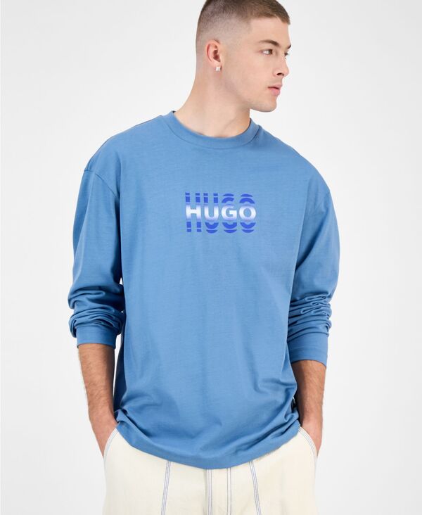 ヒューゴボス メンズ トップス プルオーバー 綿織物 ロゴタイプ 長袖 Hugo Boss Men\u0027s Niftilong Logo Long-Sleeve Cotton T-Shirt Open Blue 青色