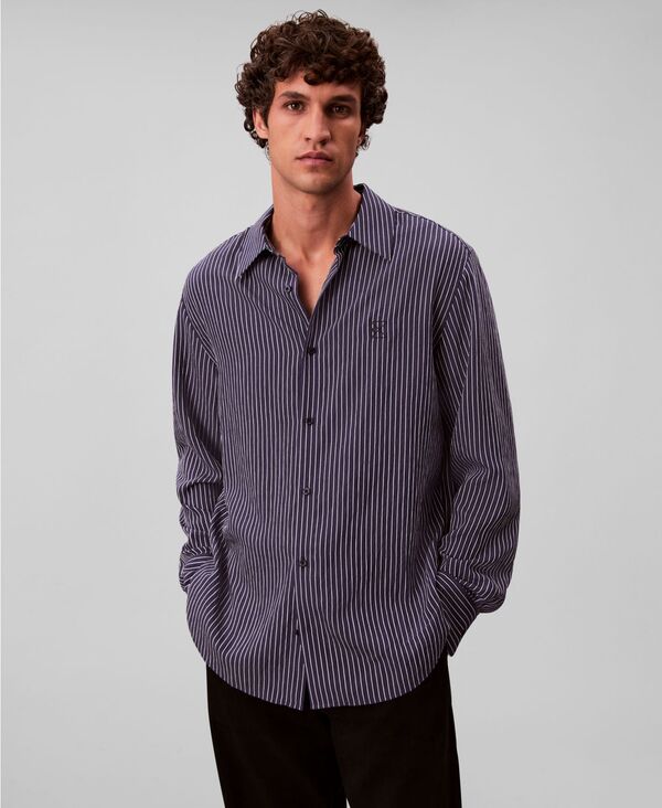カルバンクライン メンズ トップス シャツ 長袖 Calvin Klein Men's Thin Striped Long-Sleeve Easy Shirt Dark Sapphire サファイア