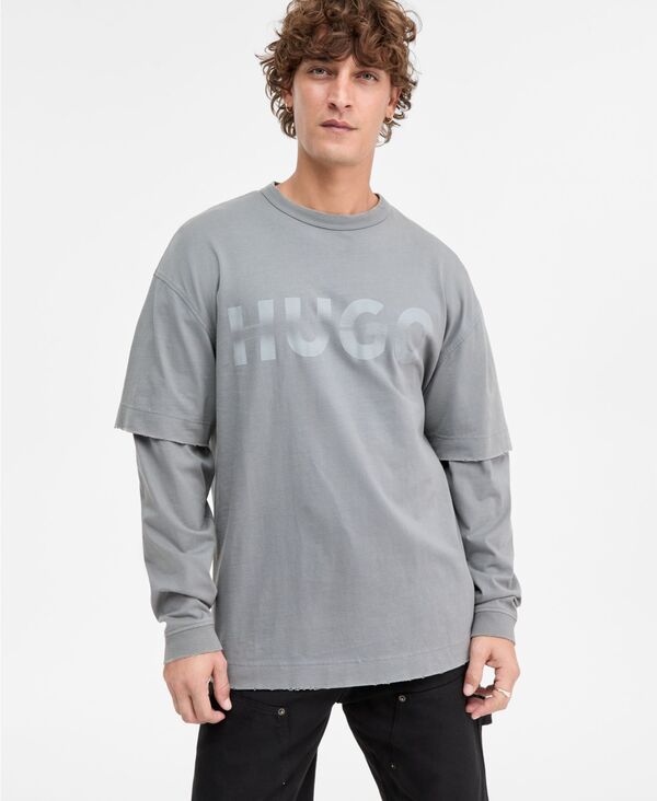 ヒューゴボス メンズ トップス Tシャツ ロゴ Hugo Boss Nenzyon Hybrid-Sleeve Logo T-Shirt Medium Gray グレー
