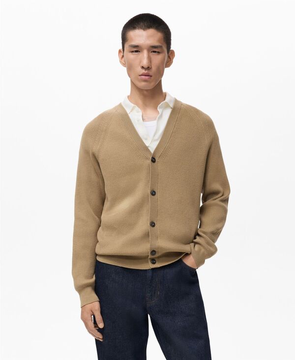 マンゴ メンズ アウター ニット・セーター リブ カーディガン ニット MANGO Men's Ribbed Knitted Buttons Cardigan Beige ベージュ
