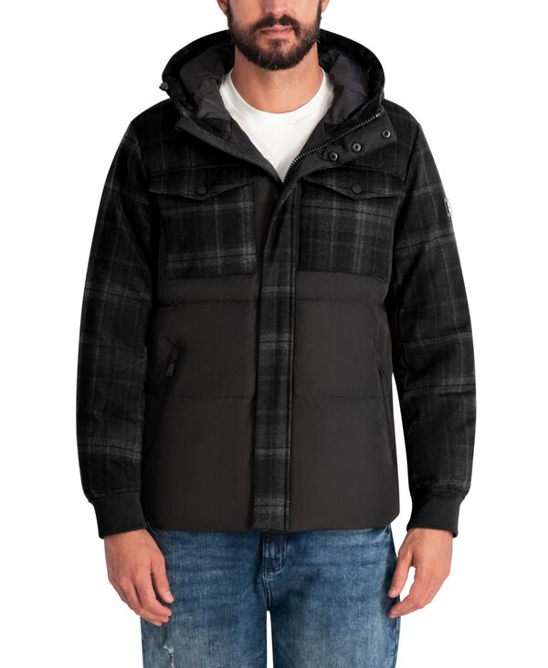 カール ラガーフェルド メンズ アウター ジャケット・ブルゾン ジャケット Karl Lagerfeld Paris Men's Mixed Media Hooded Puffer Jacket Black Combo ブラック