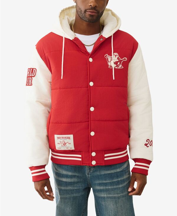 トゥルーレリジョン メンズ アウター ジャケット・ブルゾン ジャケット True Religion Men's Varsity Hooded Puffer Jacket Red/Winter White ホワイト