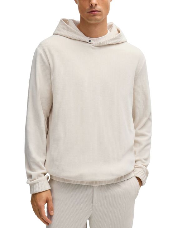 ヒューゴボス メンズ アウター パーカー・スウェット コーデュロイ コットン パーカー Hugo Boss Men's Press-Stud Hood Cotton-Corduroy Hoodie Open White ホワイト|ReVida 店