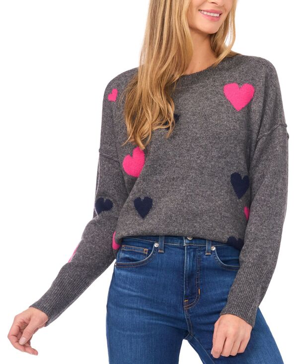 セセ レディース アウター ニット・セーター クルーネック プリント セーター 長袖 CeCe Women's Heart-Print Crewneck Long-Sleeve Sweater Medium Heather Grey グレー