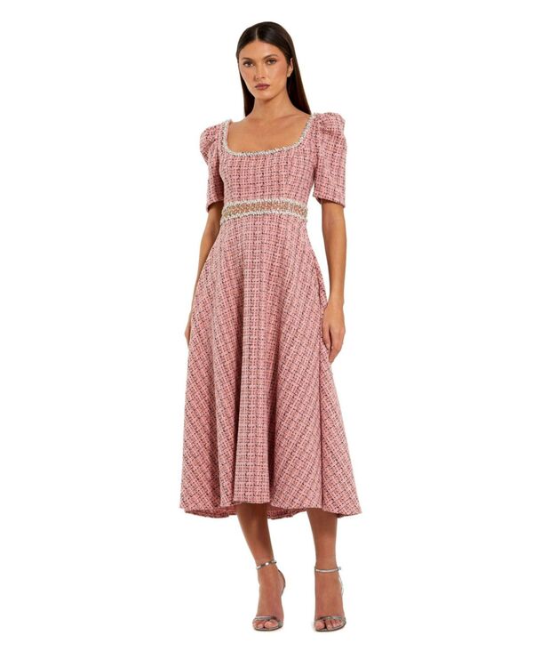 マックダガル レディース トップス ワンピース ミディワンピース ミディ Mac Duggal Women's Puff Sleeve Boucle Midi Dress With Beaded Belt Pink multi ピンク｜ReVida 店