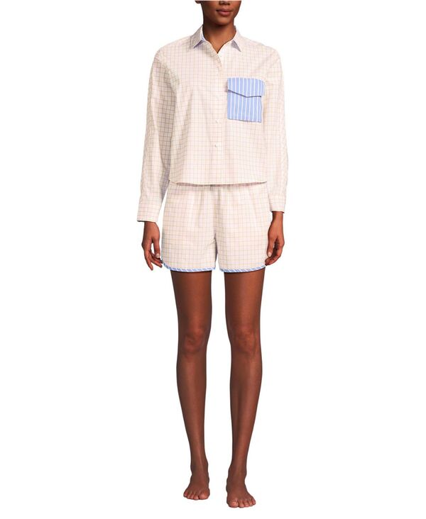 ランズエンド レディース アンダーウェア ナイトウェア ショートパンツ コットン Lands' End Women's Cotton Poplin 2 Piece Pajama Set - Long Sleeve Top and Shorts with Piping Pink/champagne check ピンク 13,460円