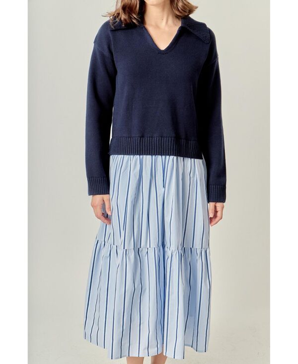 イングリッシュファクトリー レディース トップス ワンピース ミディワンピース ミディ English Factory Women's Mixed media Midi Dress Navy/p.blue stripes ネイビー