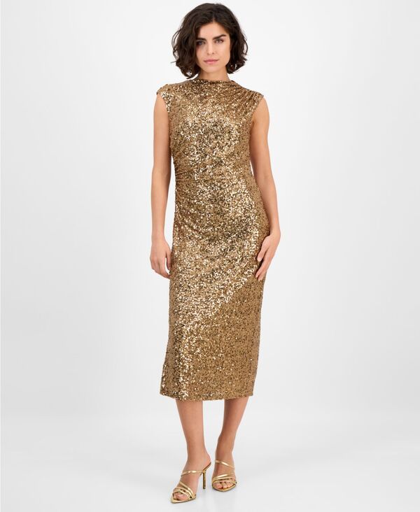 アンクライン レディース トップス ワンピース ドレープ スパンコール ノースリーブ Anne Klein Women's Drape-Neck Sleeveless Sequin Dress Gold ゴールド