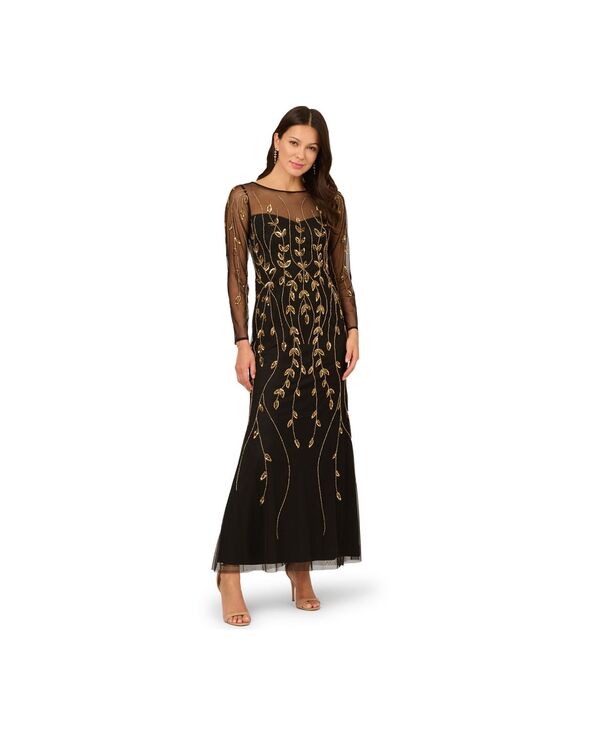 アドリアナ パペル レディース トップス ワンピース 長袖 Adrianna Papell Women's Beaded Long-Sleeve Dress Black/Gold ブラック