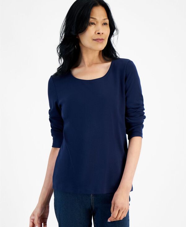 スタイルアンドコー レディース トップス シャツ コットン 長袖 Style & Co Women's Cotton Long-Sleeve Scoop-Neck Top PP-4X Industrial Blue ブルー
