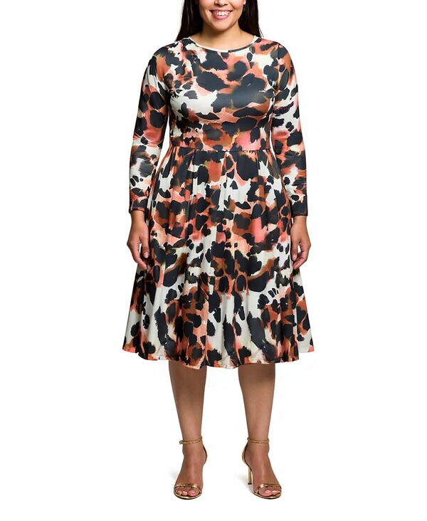 24 セブンコンフォート レディース トップス ワンピース ミディワンピース プラスサイズ ミディ 24seven Comfort Apparel Plus Size Long Sleeve Midi Dress Brown Multi ブラウン