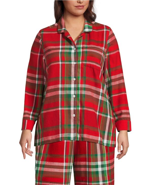 ランズエンド レディース アンダーウェア ナイトウェア プラスサイズ プリント Lands' End Plus Size Long Sleeve Print Flannel Pajama Top Compass red/emerald plaid レッド