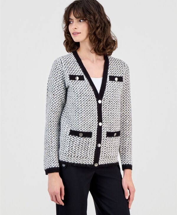 アンクライン レディース アウター ジャケット・ブルゾン コントラスト カーディガン ニット Anne Klein Women's Contrast-Trim Knit Cardigan White Dove Multi ホワイト