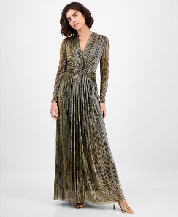 アンクライン レディース トップス ワンピース 長袖 Anne Klein Women's Foil Knot-Front Long-Sleeve Dress Anne Black/Gold ブラック